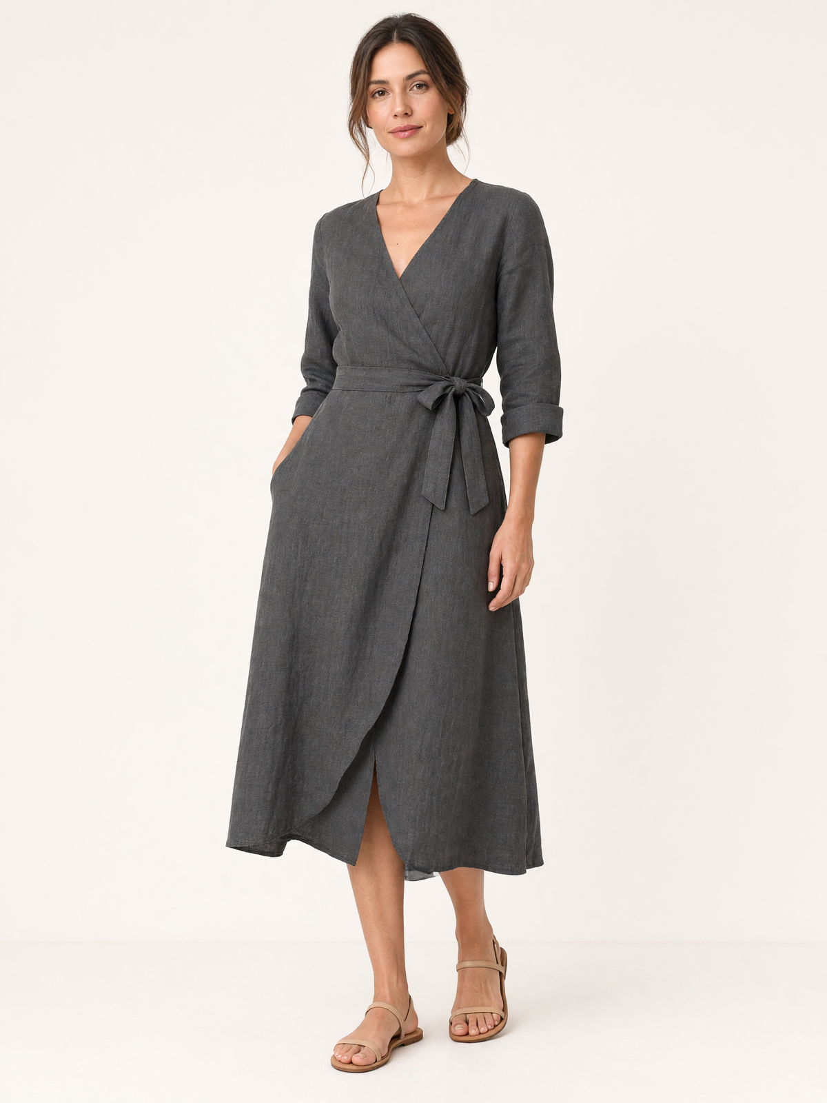 Charcoal Grey Linen Midi Wrap Dress 1