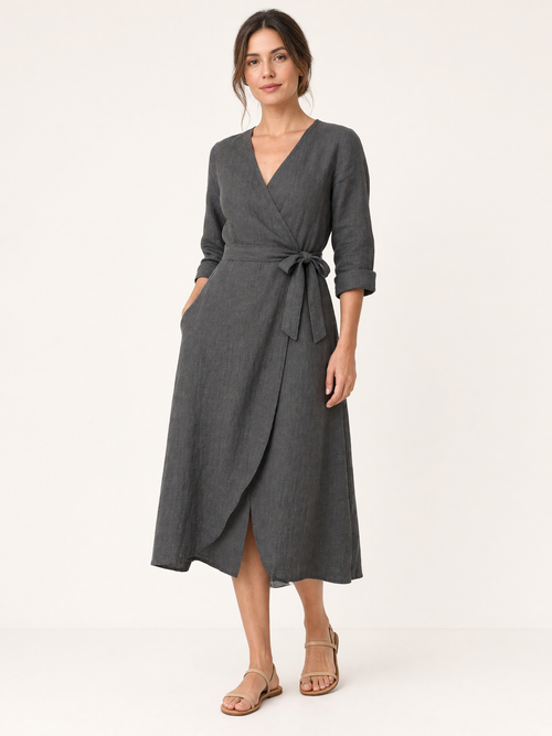 Charcoal Grey Linen Midi Wrap Dress 1