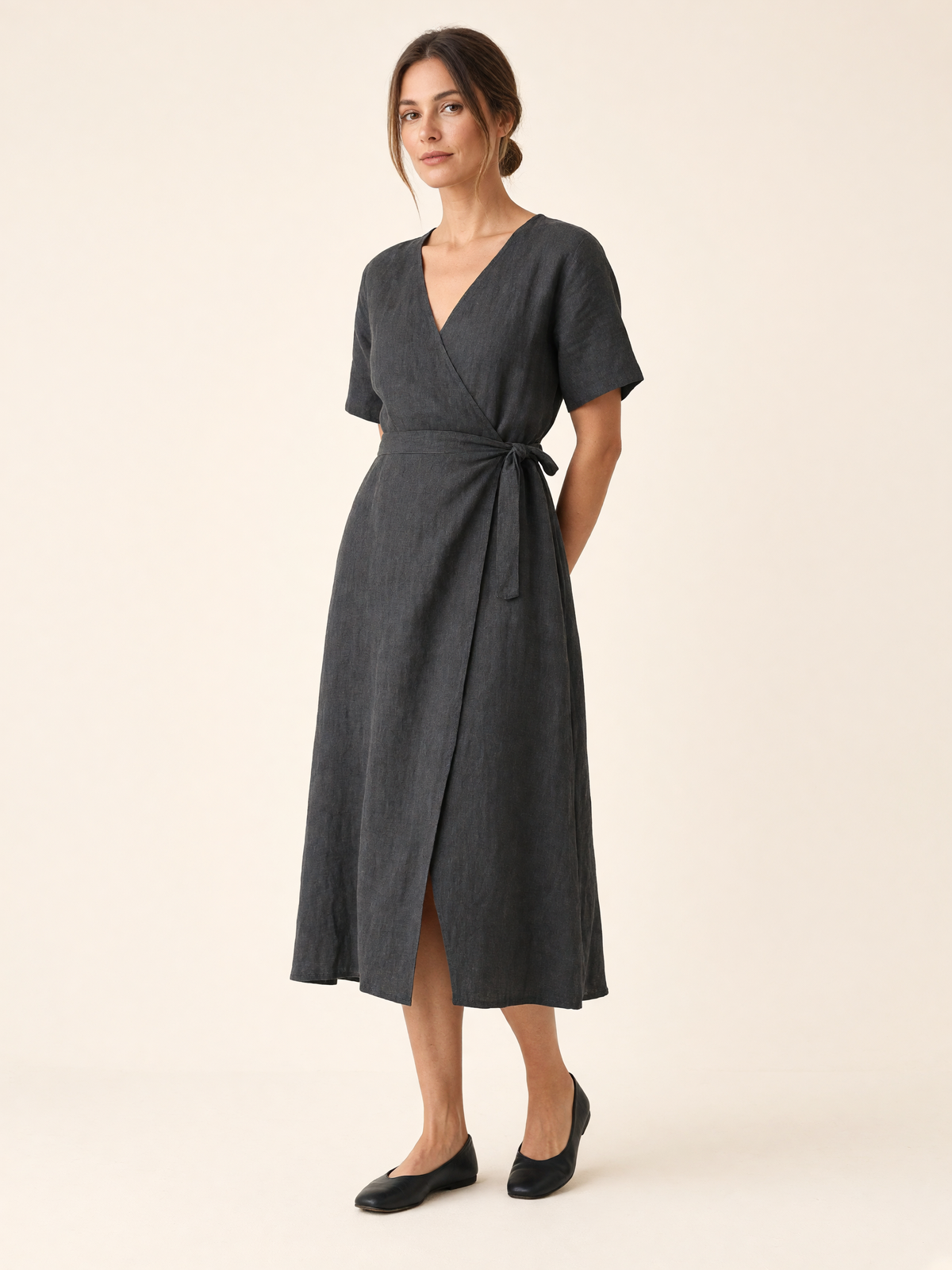 Charcoal Grey Linen Midi Wrap Dress 2