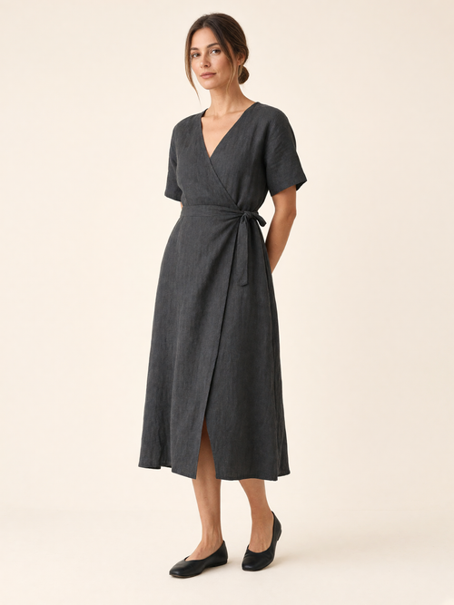 Charcoal Grey Linen Midi Wrap Dress 2