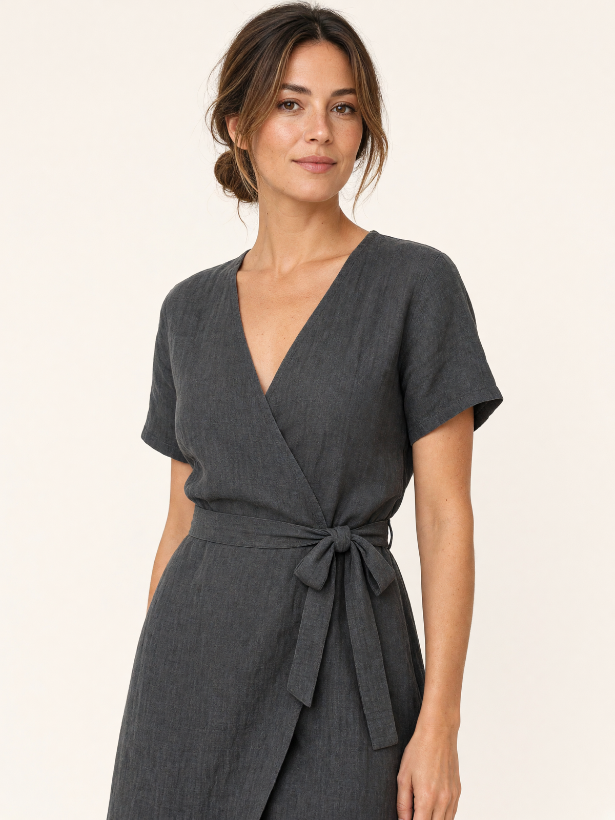Charcoal Grey Linen Midi Wrap Dress 3
