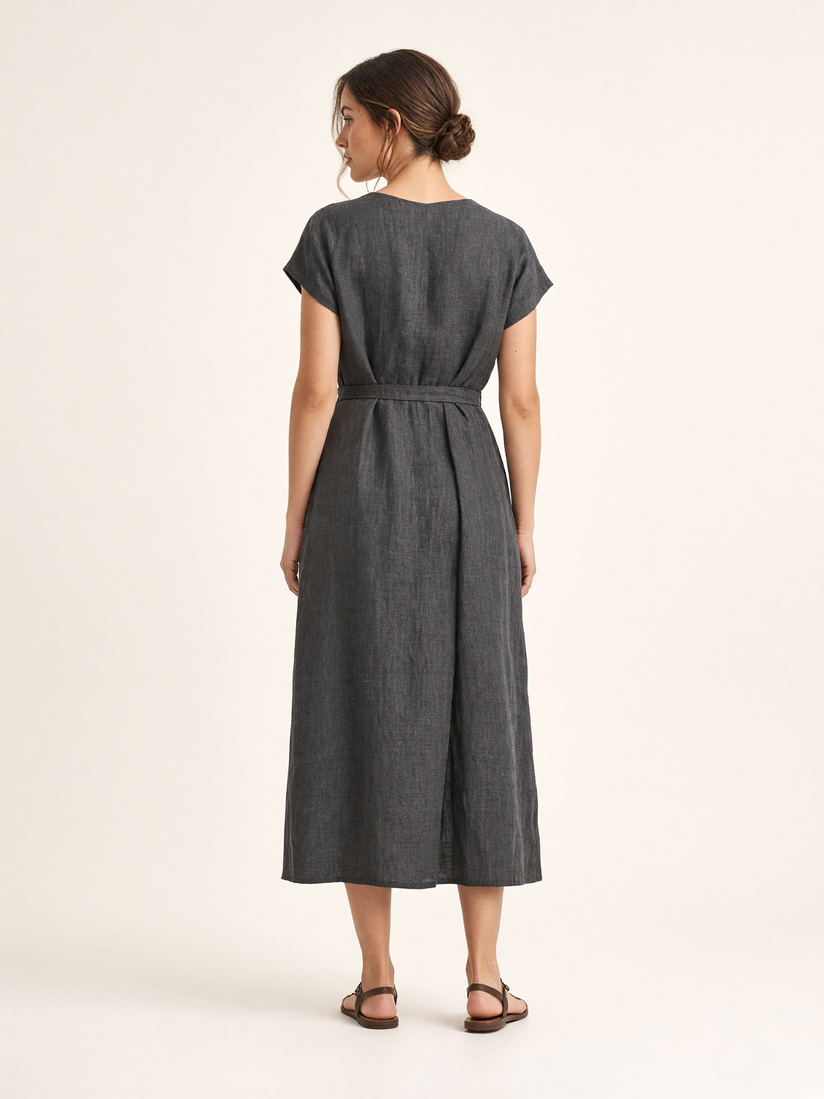 Charcoal Grey Linen Midi Wrap Dress 5