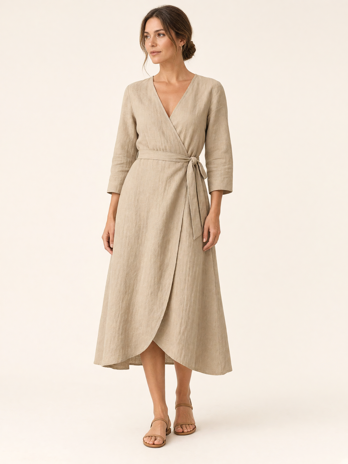 Sand Khaki Linen Midi Wrap Dress 1