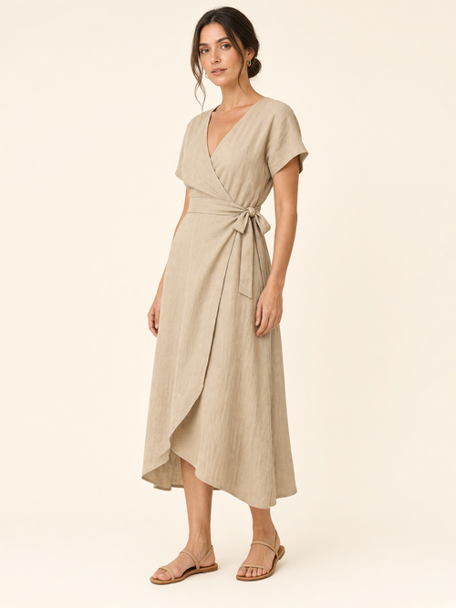 Sand Khaki Linen Midi Wrap Dress 2