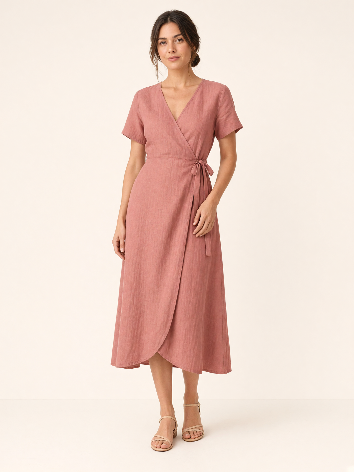 Dusty Rose Linen Midi Wrap Dress 1