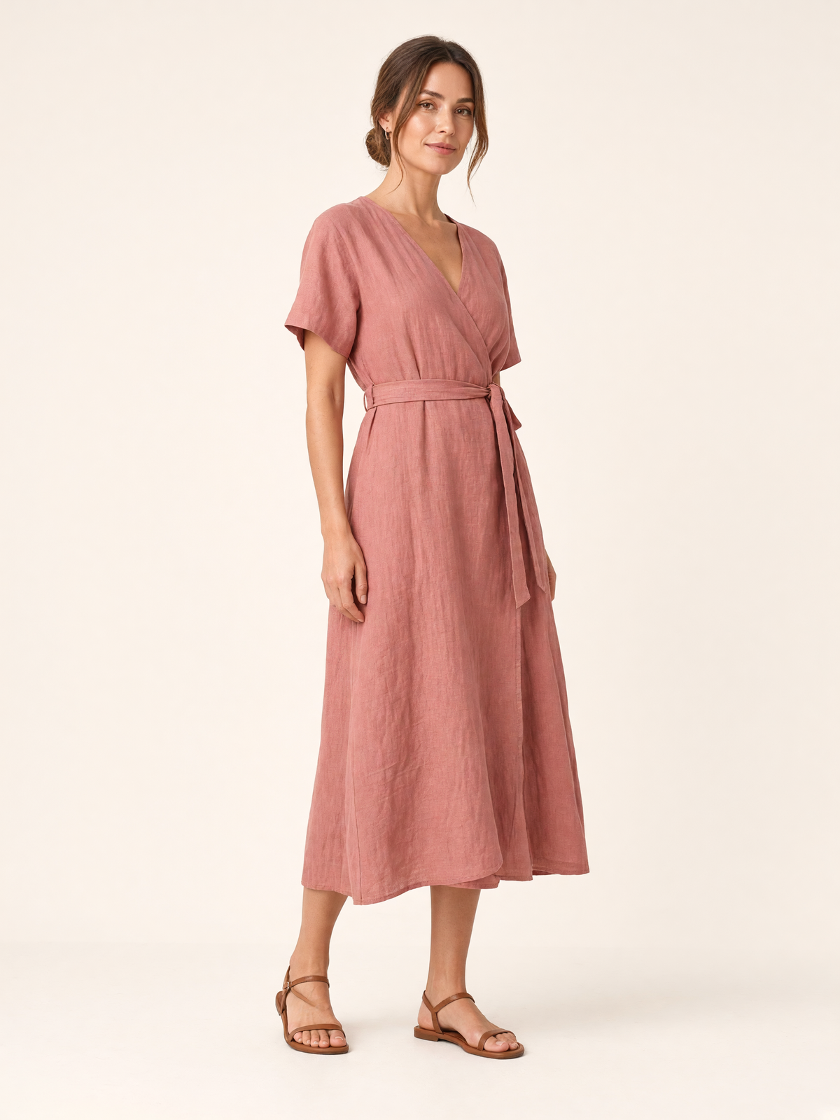 Dusty Rose Linen Midi Wrap Dress 2