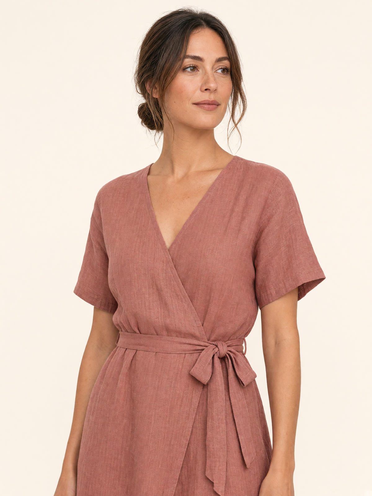 Dusty Rose Linen Midi Wrap Dress 3