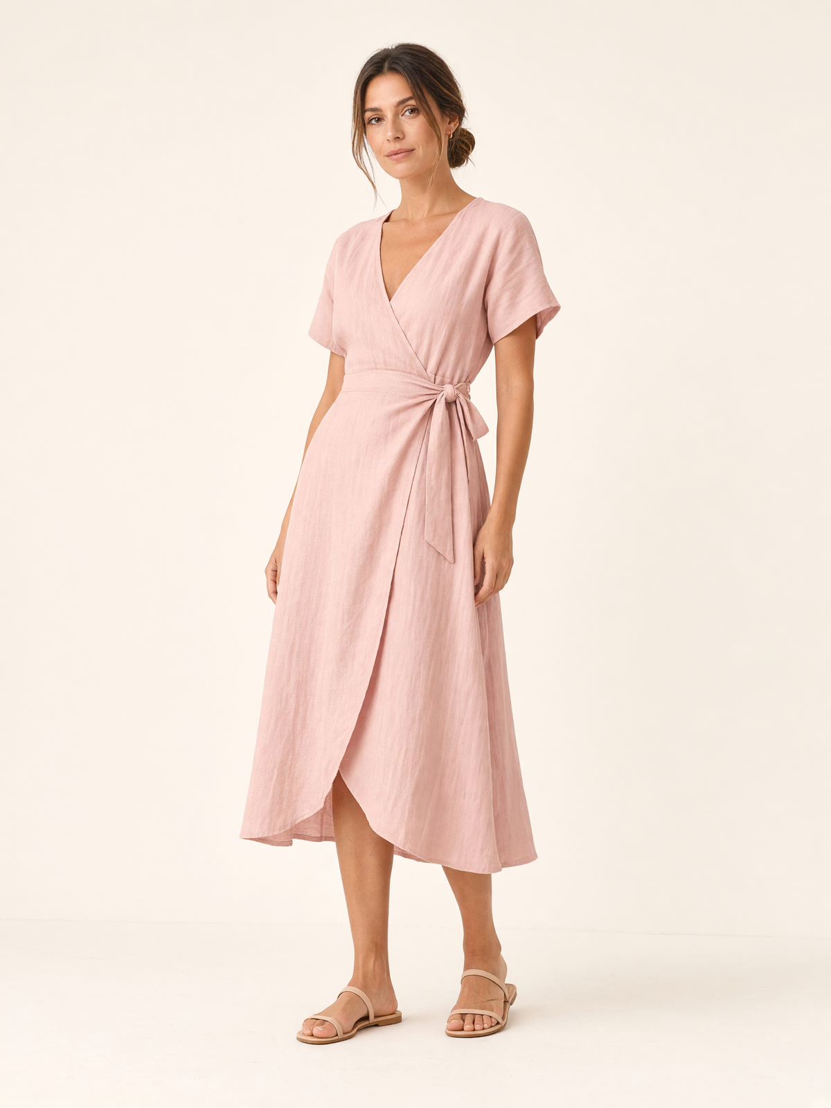 Soft Blush Linen Midi Wrap Dress 2