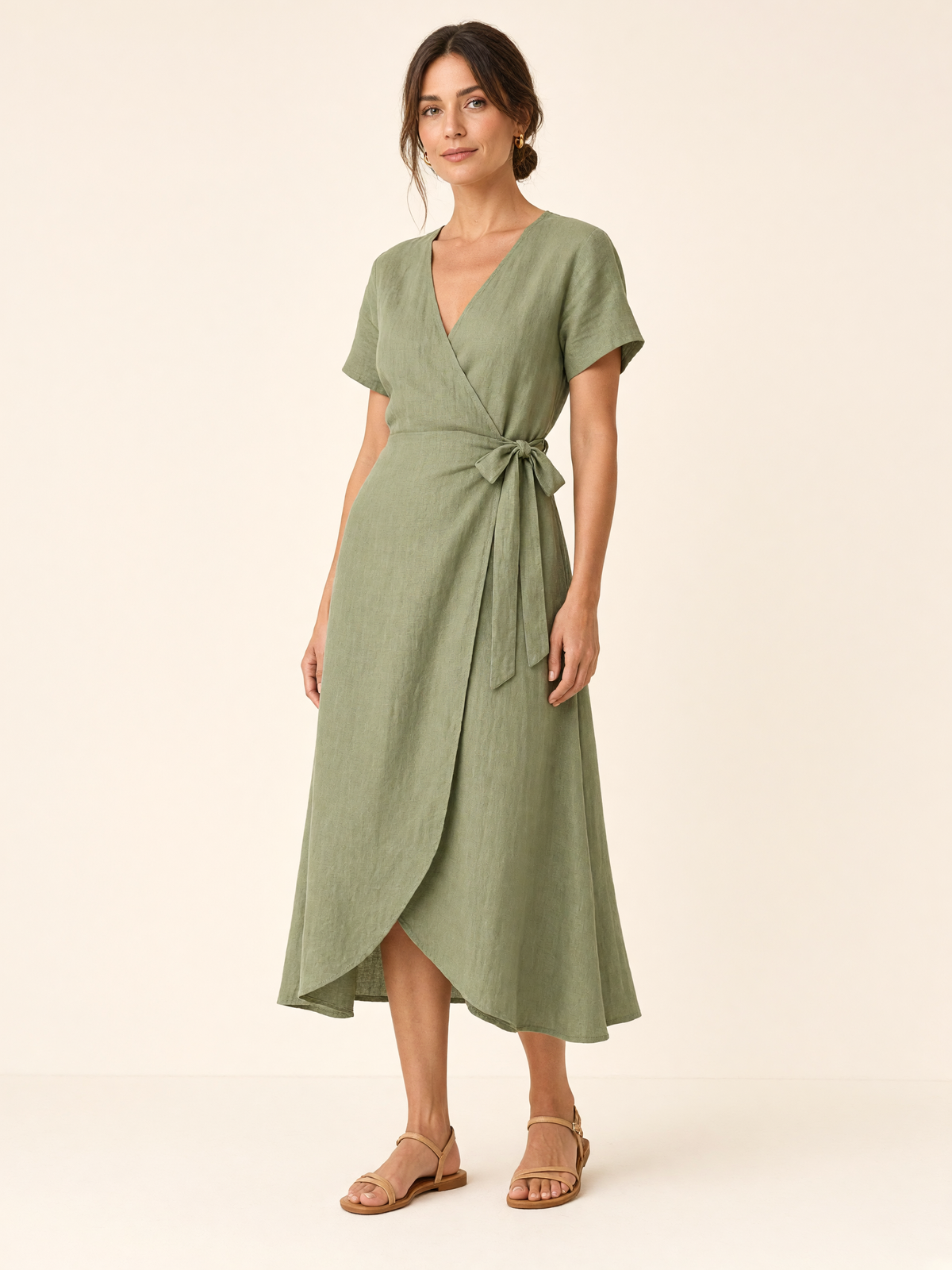 Sage Olive Linen Midi Wrap Dress 1