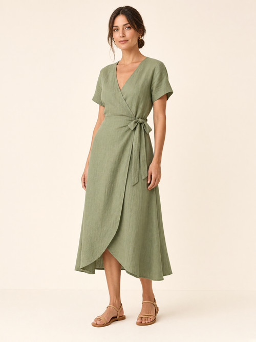 Sage Olive Linen Midi Wrap Dress 1
