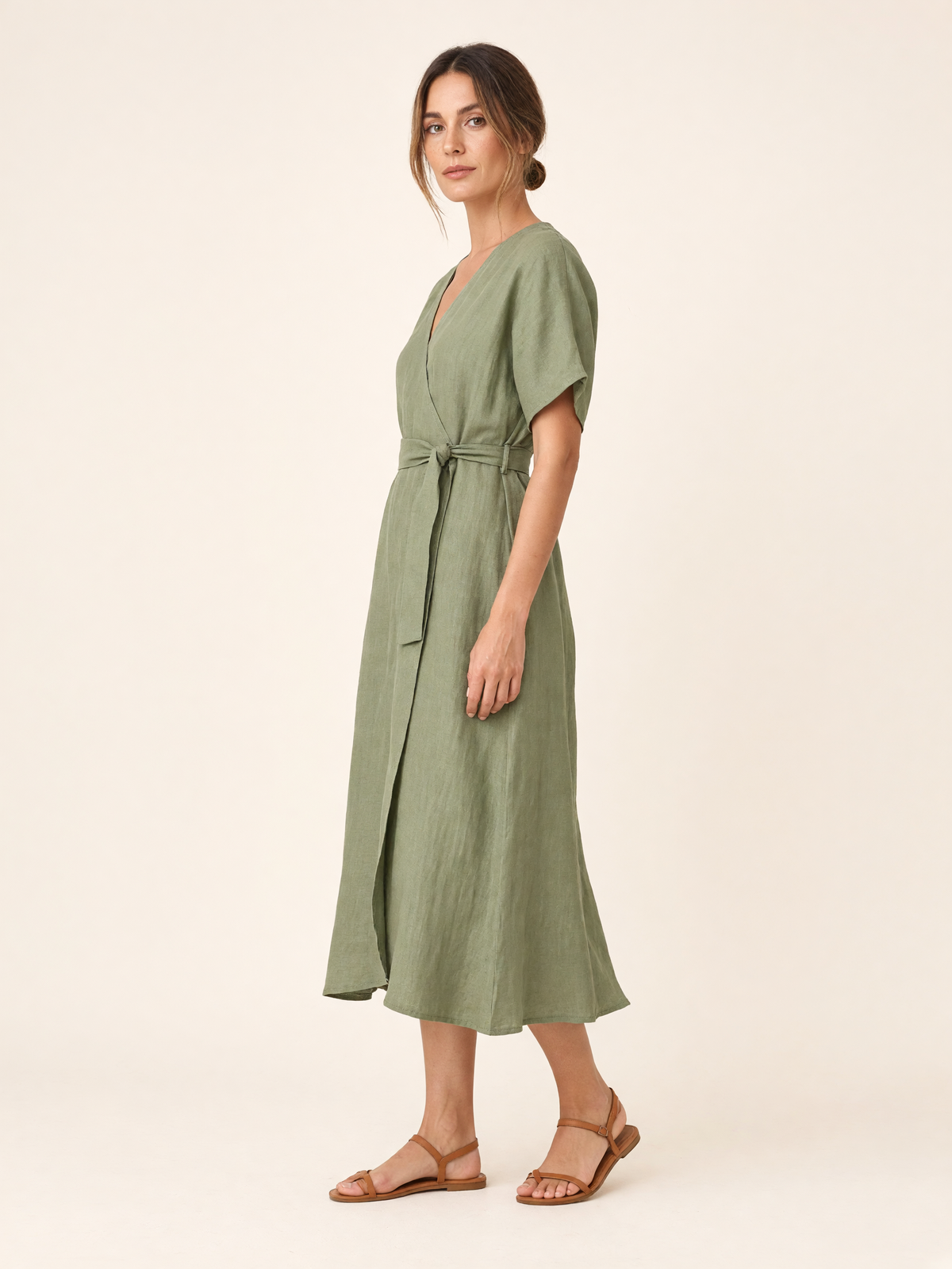 Sage Olive Linen Midi Wrap Dress 2