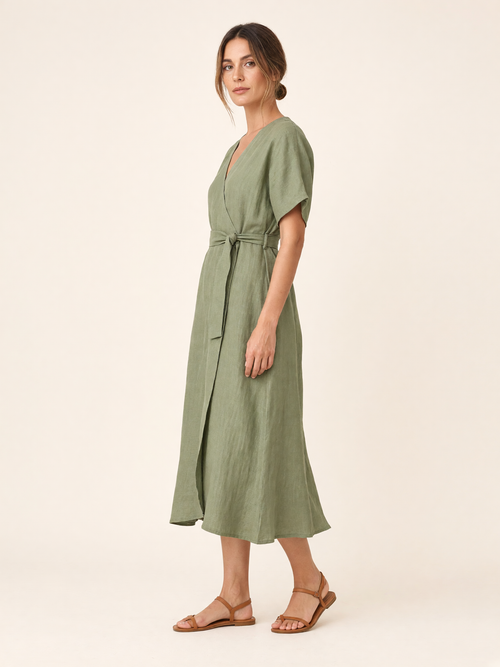 Sage Olive Linen Midi Wrap Dress 2