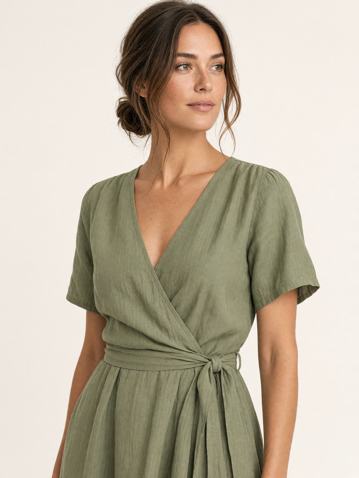 Sage Olive Linen Midi Wrap Dress 3