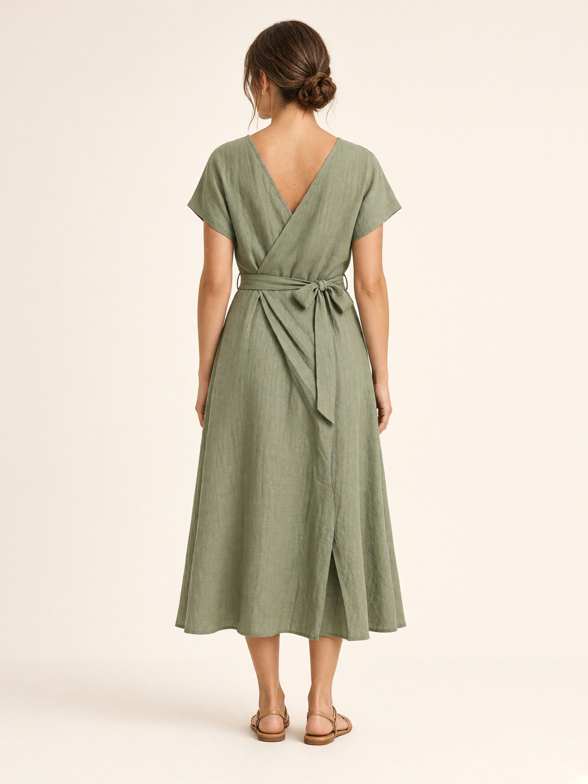 Sage Olive Linen Midi Wrap Dress 5